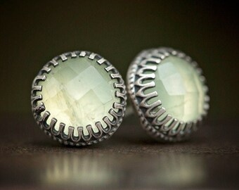 Prehnite + Antiqued Solid Sterling Silver Stud Earrings | Victorian handmade jewelry | light pale green | heal the healer | OOAK Uruz Metals