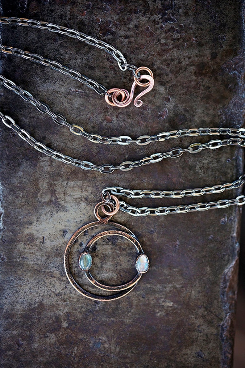 Copper Eclipse Necklace with with Labradorite Moonstone solar lunar moon eclipses hammered copper pendant OOAK handmade Uruz Metals image 4