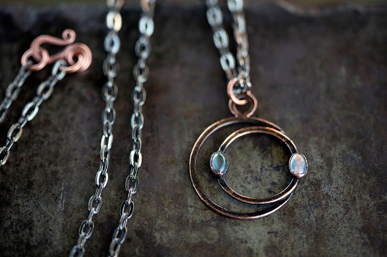 Copper Eclipse Necklace with with Labradorite Moonstone solar lunar moon eclipses hammered copper pendant OOAK handmade Uruz Metals image 9