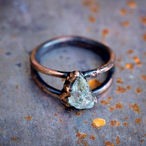 Raw Aquamarine + Copper Ring | March birthstone natural rough gemstone | Aries Pisces | blue crystal stone electroformed rings | Uruz Metals