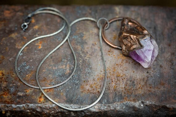 Raw Clear Quartz Point Copper Pendant Pisces Birthstone Necklace Electroformed Copper Jewelry