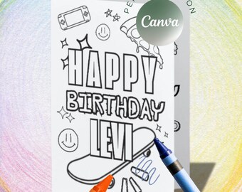 May include: A white birthday card with the words "HAPPY BIRTHDAY LEVI" in large block letters, with a skateboard graphic. The card is designed for coloring, with a blue and orange crayon partially visible. The background is a colorful, rainbow-like design.