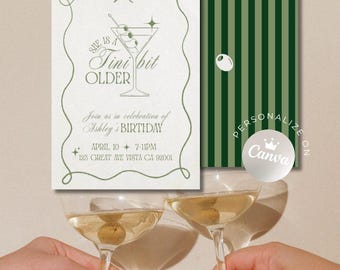 May include: An invitation for Ashley's birthday, featuring a martini glass illustration and the text "She is a tini bit older." The invitation is light green with a decorative border and includes event details. A second card with green stripes is also shown.