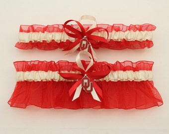 Your Choice, Single or Set Wedding Garter Set with University of Oklahoma Colors