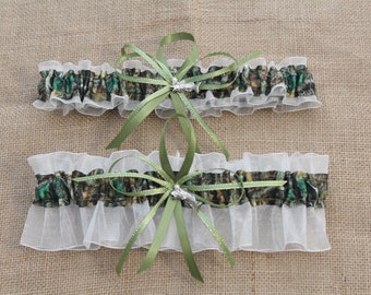 Customizable handmade Camouflage fabric /& orange sheer organza bridal prom camo garter set with deer duck fish heart charms or rhinestones