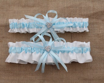 White and Light Blue Satin Wedding Garter Set with Rhinestone Hearts