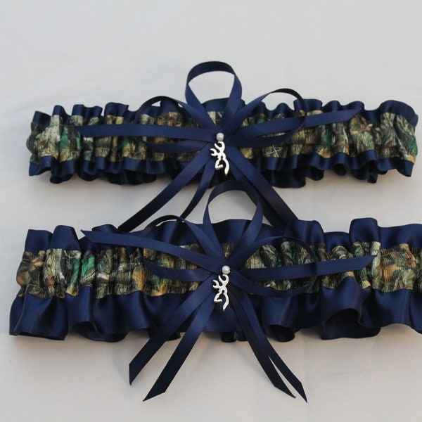 Navy Blue and Camouflage Wedding Garter Set with Deer Deco, Mossy Oak, Bridal Garter  (Your Choice, Single or Set)