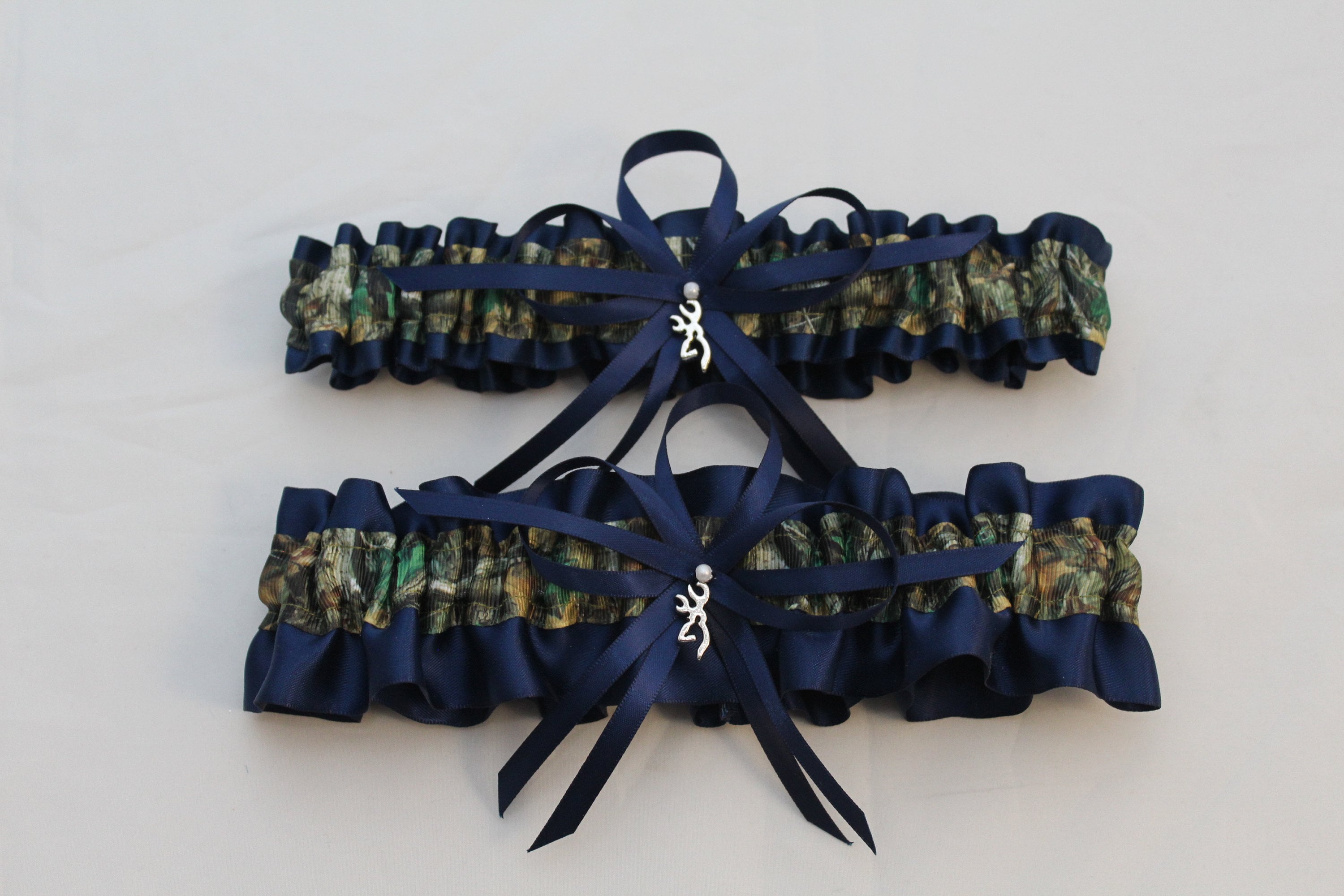 Navy Blue And Beige Satin And Lace Wedding Garter Set #2553910 - Weddbook