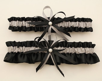 Black and Silver/Grey Wedding Garter, Bridal Garter Set-(Your Choice, Single or Set)