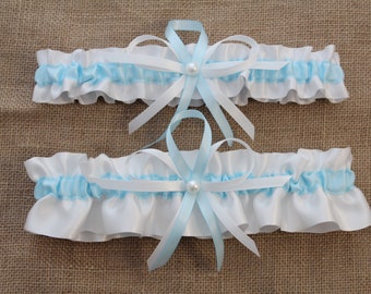 White and Light Blue Satin Wedding Garter Set, Bridal Garters, Prom Garters