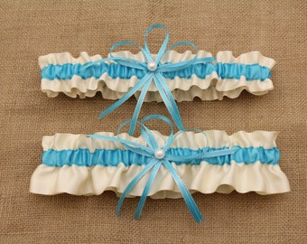 Ivory and Turquoise Wedding Garter, Bridal Garter, Prom Garter  (Your Choice, Single or Set)