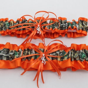 Orange and Camouflage Wedding Garter with Deer Deco- (Your Choice Single or Set)