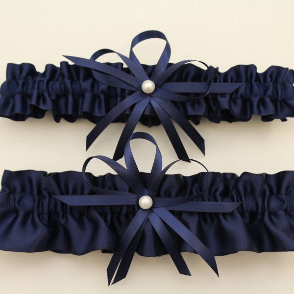 Navy Blue Satin Wedding Garter, Wedding Garter Set, Bridal Garter, Prom Garter  (Your Choice, Single or Set)