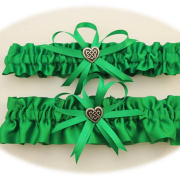 Green Wedding Garter with Celtic Heart-Bridal Garter-(Your Choice, Single or Set)