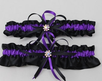 Black and Purple Satin Wedding Garter Set with Iridescent Rhinestone Charms (Your Choice, Single or Set)