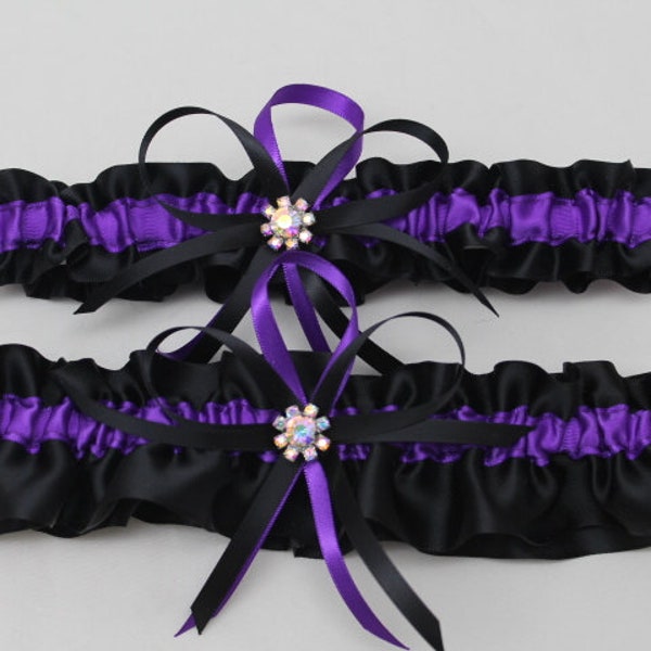 Black and Purple Satin Wedding Garter Set with Iridescent Rhinestone Charms (Your Choice, Single or Set)