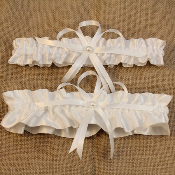 White Satin Wedding Garter Set  Bridal Garter Set  Prom Garter