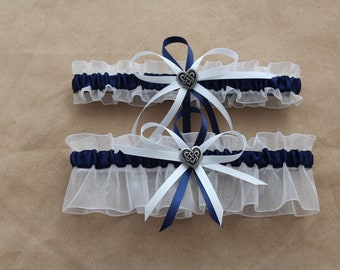 White and Navy Blue Wedding Garter Set with Celtic Heart Charms-(Your Choice, Single or Set)