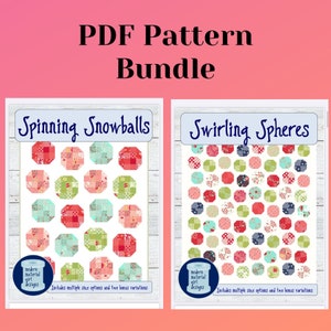 May include: A digital PDF pattern bundle for quilting, featuring two designs: "Spinning Snowballs" and "Swirling Spheres". Both patterns include multiple size options and two bonus variations.