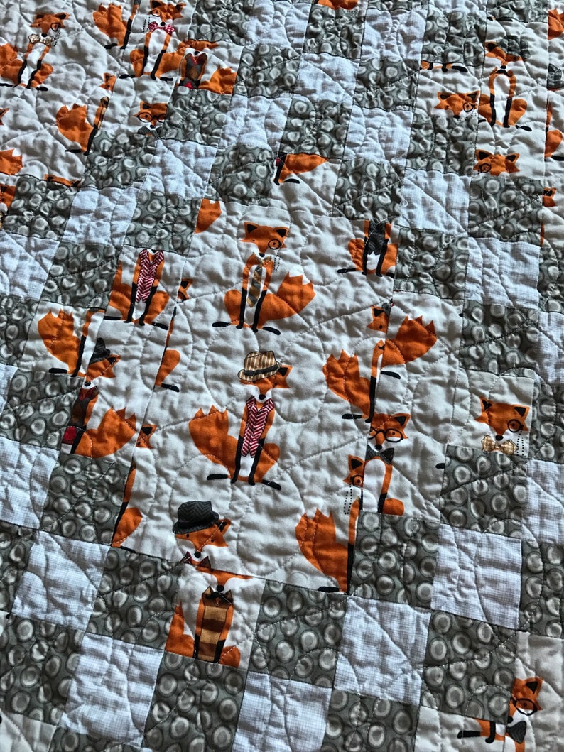 white grey orange Fox Baby Crib Quilt -Andie Hanna Fox and the Houndstooth-