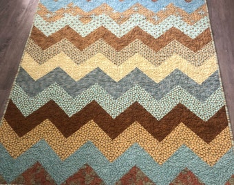 Chevron Lap Baby Toddler quilt in blue, aqua, tan, gold, beige fabrics-- pattern available