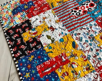 Cat in the Hat Quilt Dr. Seuss, red, green, blue, yellow, toddler, baby, crib, nursery