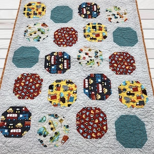 Quilt baby geometric— aqua, orange, red, yellow, grey— cars, Wheels— Spinning Snowballs— pattern available