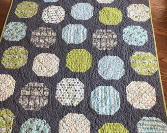 Quilt baby geometric— blue, green, white, grey— Backyard Baby — Spinning Snowballs— pattern available