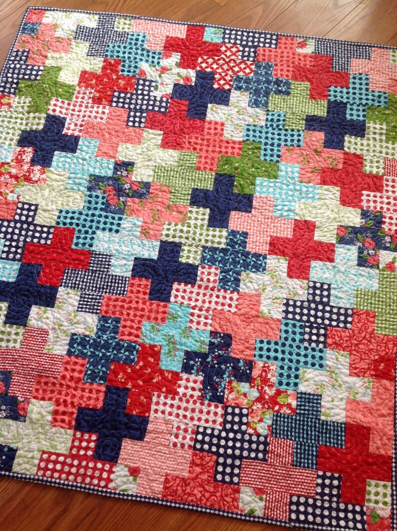 Baby Crib Quilt in Red pink Aqua green and Navy blue Etsy
