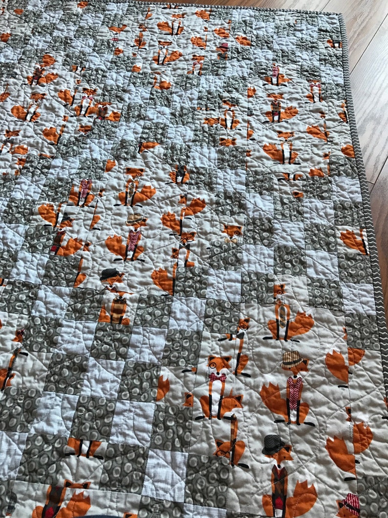 white grey orange Fox Baby Crib Quilt -Andie Hanna Fox and the Houndstooth-