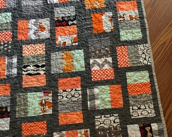 Fox Baby Crib Lap Quilt --Andie Hanna Fox and the Houndstooth-- orange, grey, white