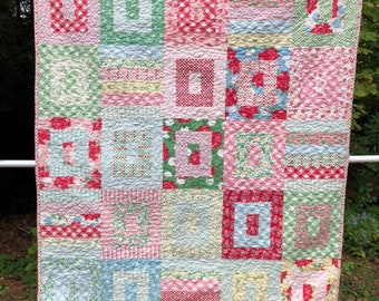 Quilt -- Modern Retro Lap or Baby Crib Quilt in Swell fabrics by Urban Chiks -- blue, red, pink, yellow, green