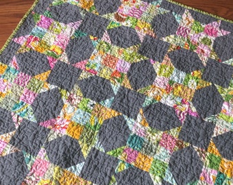 Quilt Baby Lap throw toddler quilt Heather Bailey fabrics — Star, stars - modern pink, yellow, aqua, green, blue, yellow, grey