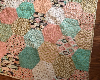 Quilt baby girl crib lap hexagon -- pink, green, peach, rose, gold, mint, aqua fabric