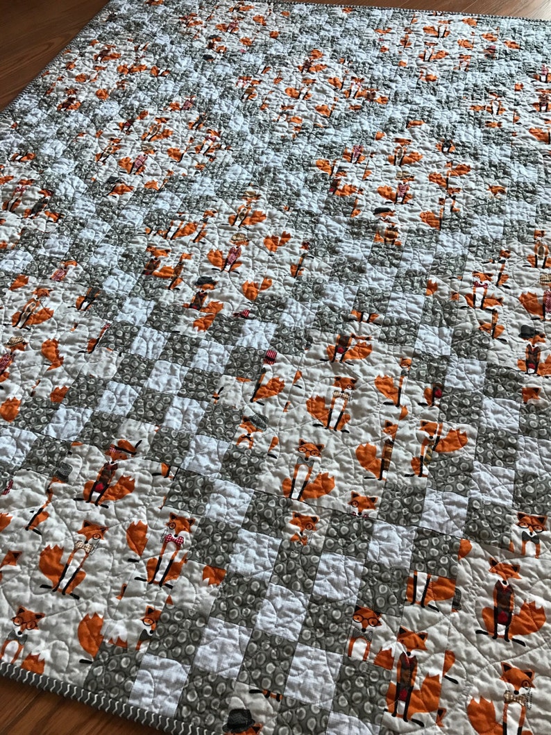 white grey orange Fox Baby Crib Quilt -Andie Hanna Fox and the Houndstooth-