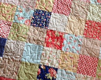 Quilt -- Modern Vintage Lap or Baby Moda Fig Tree quilts fabric--Avalon - red, blue, green, cream