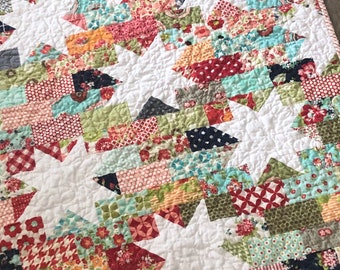 Baby Girl or Lap Quilt -- Bonnie and Camille — red, aqua, pink, white, navy, orange, green, Staggered Stars, star, pattern available