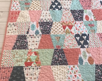 Quilt Baby or Lap Size -- pink, coral, navy, aqua, mint, metallic gold -- tumbler, chevron, plus, feathers