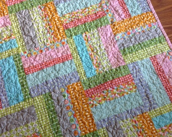 Quilt Baby Girl, stripes,  in Pink, aqua, green, orange, grey