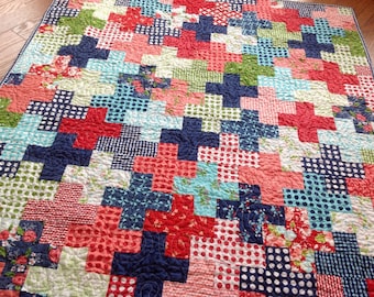 Baby Crib Quilt in Red, pink, Aqua, green and Navy blue Gooseberry fabrics plus