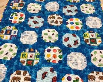 Quilt baby geometric— blue, white, brown bear, ladybug, caterpillar —Spinning Snowballs— pattern available