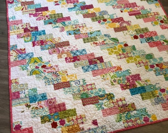Baby Lap quilt Kumari Garden fabrics modern pink, aqua, green,blue, yellow Staggered Bricks — pattern also available