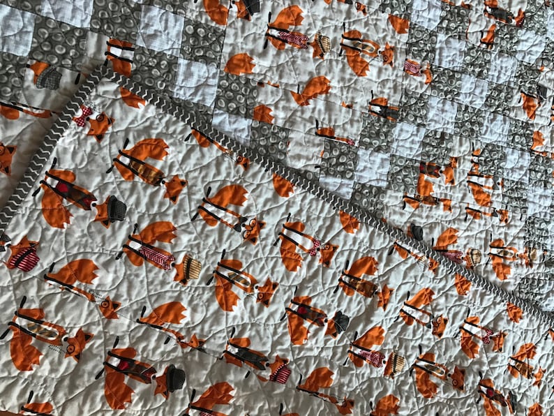 white grey orange Fox Baby Crib Quilt -Andie Hanna Fox and the Houndstooth-