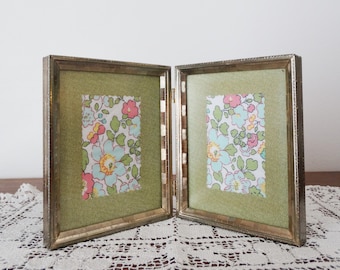4 x 5 Double Gold-tone Patina Metal Folding Picture Frame.  Rectangle Table Top.  Bi-fold Frame, Two Picture Frame.  70s Decor