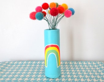 Rainbow Vase with Pom pom Flowers - Wool felt balls - Rainbow Baby Nursery Decor - Turquoise Clay vase - Small Floral Bouquet, Centerpiece