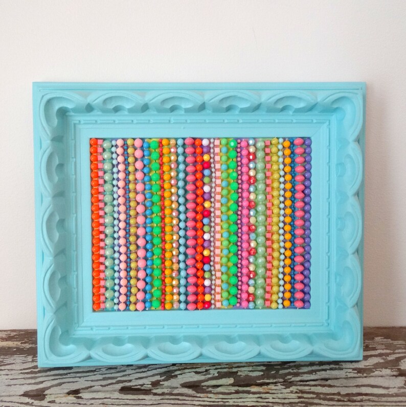 Striped Wall Art Beaded Hanging Turquoise Frame Plastic Kitsch Retro 3d Picture Colorful Rainbow Original Bead Mosaic