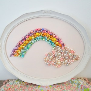 Rainbow and Cloud Picture - Bead, Pearl Wall Hanging - Mosaic 11 x 14 Framed Art - 3d Fairy Tale Fantasy Art - Nursery Gallery Wall