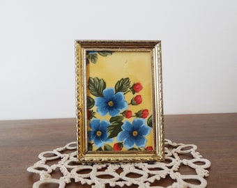 Little Gold Small Picture Frame - Patina Shiny Yellow Gold-tone Ornate Metal Frame - 2 1/2 x 3 1/2 Rectangle Kitsch Wallet Size Frame