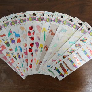 Lot d'autocollants vintage Lion de sable - bande détachable scellée - autocollant 1990 perle, flou, mylar - flamant rose, dauphin, lézard, coccinelle, basset
