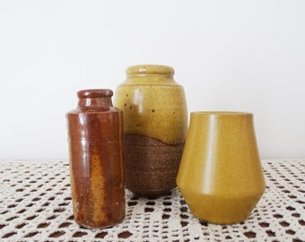 Three Vintage Mustard Vase Set - Pottery Vases Bottle Yellow and Brown - 5 Inch 3 Inch Small Vases